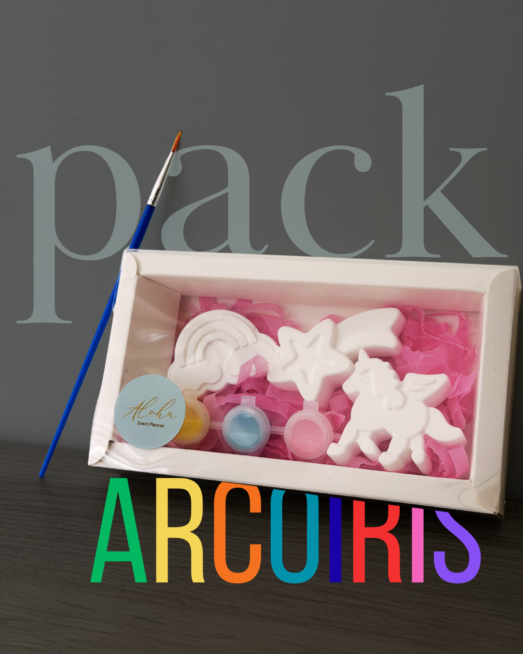 Pack Arcoiris infantil con figuras de arcilla unicornio estrella y arcoiris para pintar con pincel Aloha