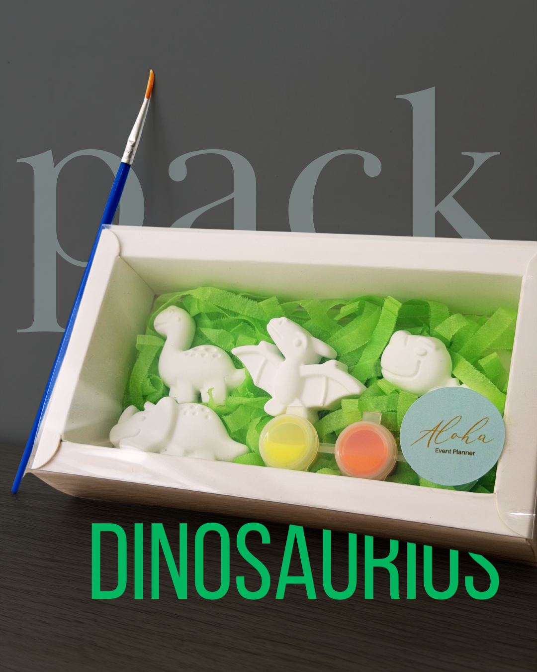 Pack Dinosaurio infantil con 4 figuras de arcilla para pintar y set de pincel Aloha Event Planner