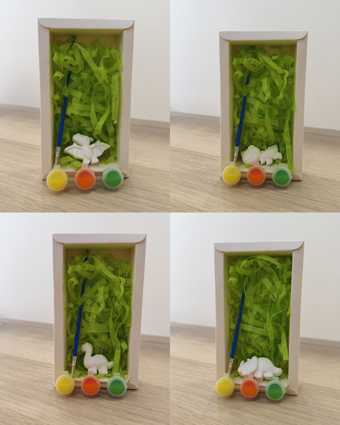 Diferentes modelos de figuras de dinosaurios de arcilla blanca para manualidades infantiles
